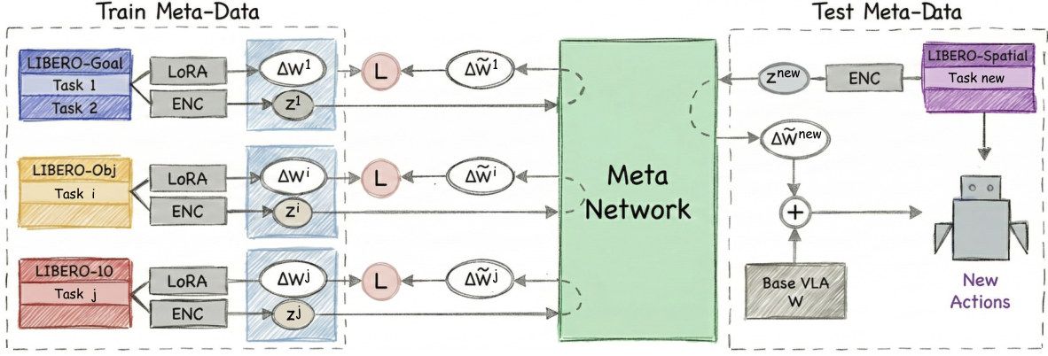 WIZARD overview: LoRA experts trained on source tasks supervise a meta-network that generates a target-task adapter for a frozen VLA policy from a new task demonstration.